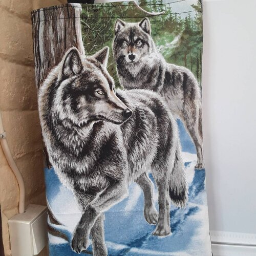 Tote bag sac 2 loups sac bandoulière en coton gabardine gris foncé loups coton 37/23cm ,,