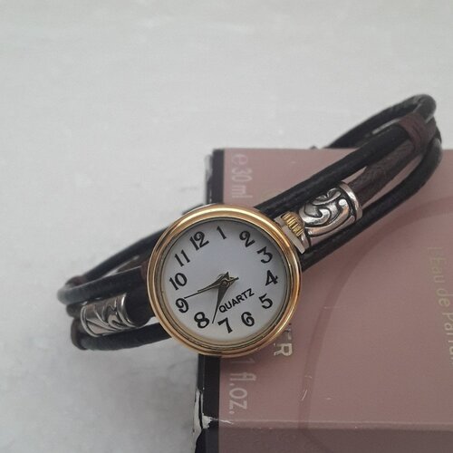 Bracelet , cuir , brun , 21 cm, montre, cadran, 2 cm, bouton pression , adulte, mixte