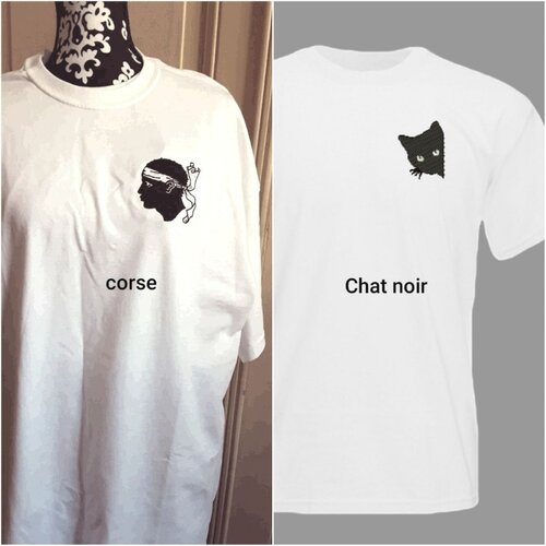 T shirt blanc, broderie , corse, emblème, corsica,  coton 190 grs ou chat noir