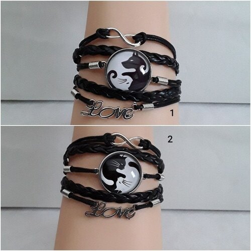 Bracelet  chien  chat  ying yang. noirs , blancs. cuir , noir ,  cabochon  verre ,  25 mm , 15  cm + , chaine ajustable