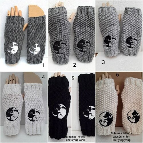 Mitaines laine chats chiens yin yang , gants sans doigts , ouverture pouces , 21 cm