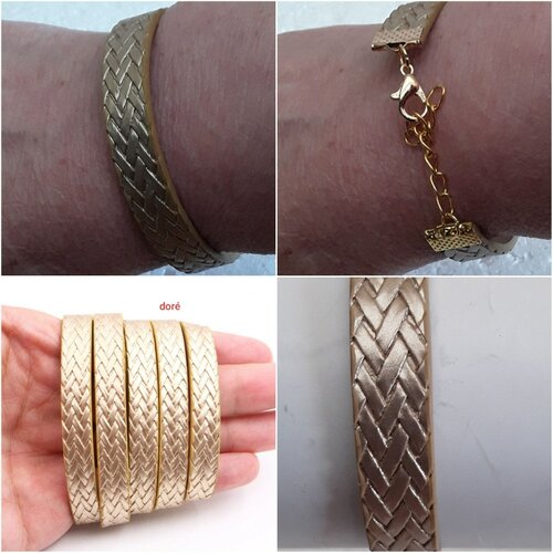 Bracelet, cuir synthétique, doré, 1cmh / 15cm large +chaine ajustable