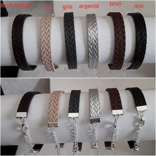 Bracelet, cuir synthétique,noir, brun, couleur peau, brun, ou ,  argenté, 1cmh / 15cm large +chaine ajustable