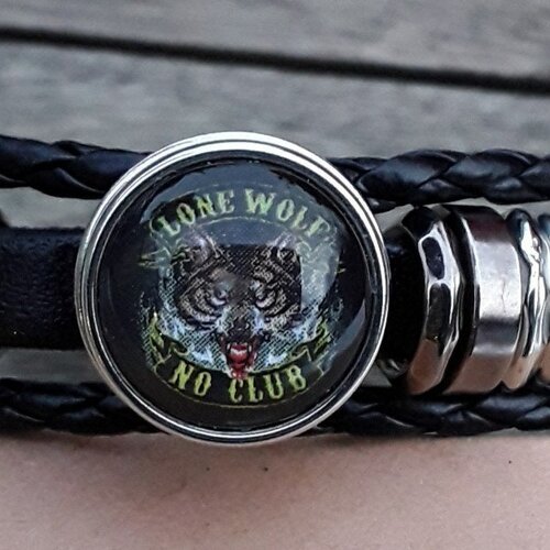 Bracelet , lone wolf, loup, bracelet cuir , tresse , noir, de 18 a 20cm, réglable, bouton pression