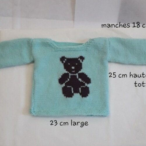 Pull , vêtement bébé 0  a 3 mois , tricot , nounours brun, laine acrylique vert eau