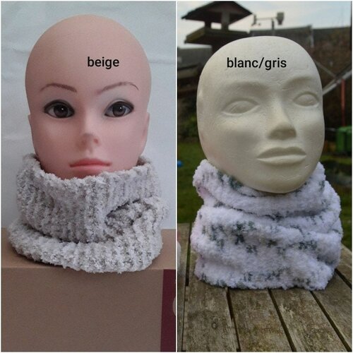 Écharpe tour de cou snood tube  tricot laine beige ou  blanc gris , laine douce et chaude , 50 /24cm haut ,