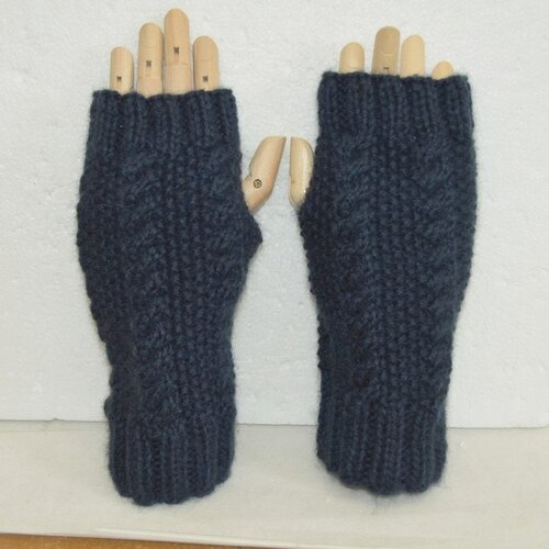 Mitaines gants sans doigts manchons chauffe pouls bleu marine navy 21 cm , mohair  , unisexe ,  mixte