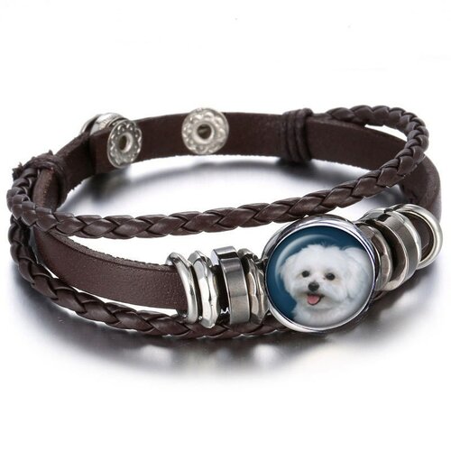 Bracelet  , cuir   brun , perles,  bichon, chien ,  blanc , bouton pression, verre, bracelet, ajustable, pressions, de 18 a 20 cm