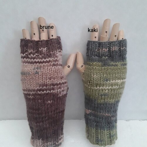 Mitaines gants sans doigts manchons gants sans doigts ,  laine acrylique , kaki , 21 cm , tricot  , mixte , unisexe