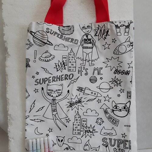 Tote bag  coton  , noir  , blanc ,  a colorier , ou ,  a laisser tel quel , avec marqueurs ,  super héros ,  26/21 cm ,anses, ruban