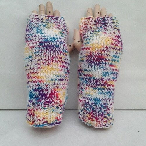 Mitaines laine multicolore 21 cm , gants sans doigts ouverture pouces