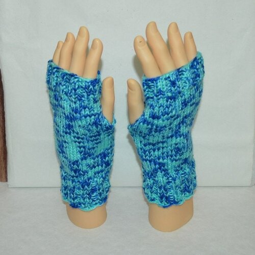 Mitaines bleu laine  , 21 cm , gants sans doigts bleu , ouverture pouces , tricot