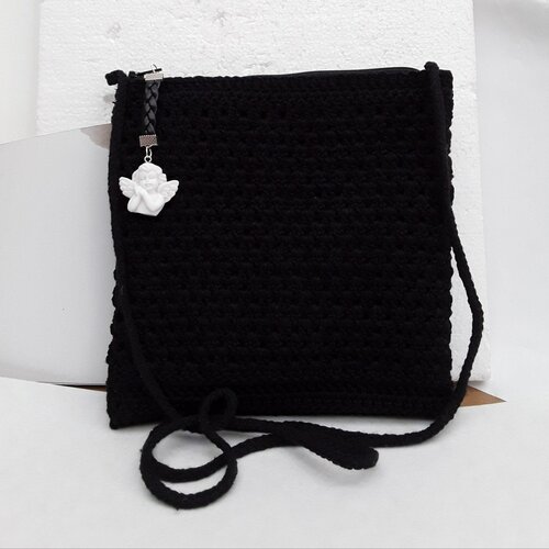 Sac crochet noir coton ,  épaule , sac bandoulière , coton ,  noir ,  20cm , doublé