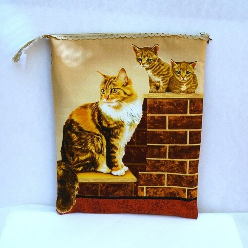 Housse , tablette , étui, portable , pochette , i pad , coton , matelassée , coton , chats bruns , tirette , dentelle , beige , 30/25 cm