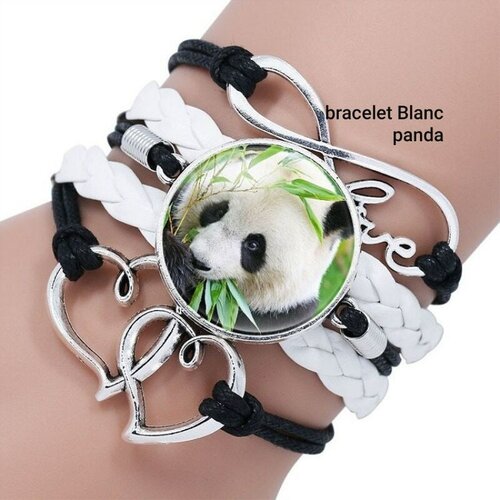 Bracelet, panda , cuir ,  tresses, breloques, coeur, love, blanc et noir, tete de panda,  16 cm + 5 cm chaine ajustable