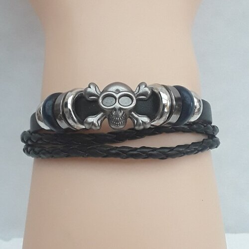 Bracelet  cuir noir tresses, skulls, tete de mort, crane, perles , 18 cm