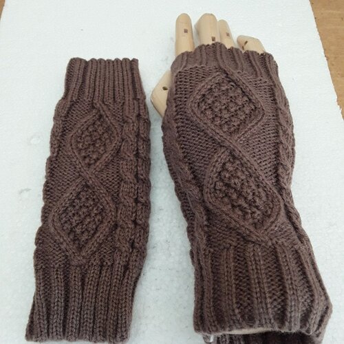 Mitaines, gants sans doigts, ouverture pouces, brun, clair, tricot, 18cm