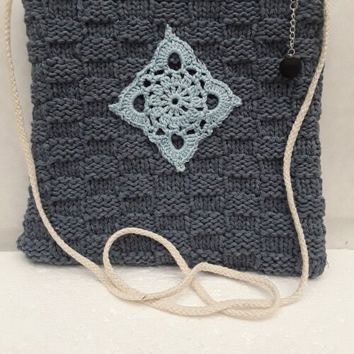 Sac tricot coton bleu granny grand mère boho bohème , coton , chats , 22 cm , sac épaule , bandoulière