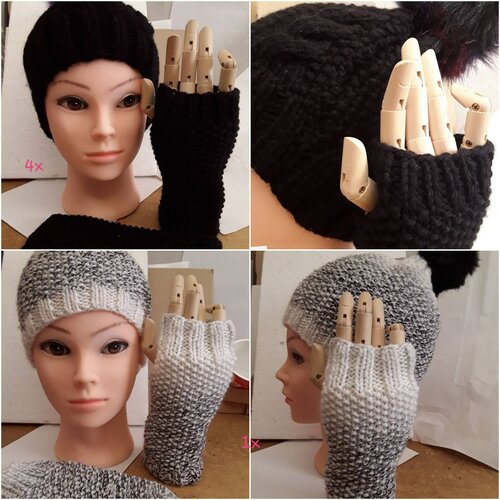 Mitaines laine bonnet  , gants sans doigts. avec bonnet,  noire ou gris chiné.. bonnet avec pompon couleur. fait tricot, lot