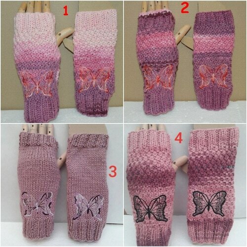 Mitaines laine rose papillons , gants sans doigts , ouverture pouces , 21 cm  , papillons brodés