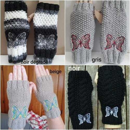 Mitaines laine papillons ,  manchons, chauffe pouls gants sans doigts ouverture pouces , 21 cm ,noirs, gris beige