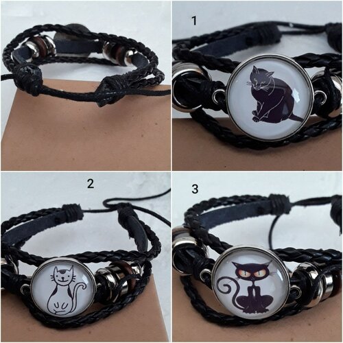 Bracelet , cuir noir, tresses, chats noirs humoristiques; cabochon verre 20mm, bracelet ajustable, 1 bracelet au choix