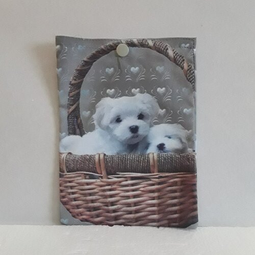 Étui portable ,housse , portable , samsung ,  étui , coton, bichons, chiens, blancs , bouton pression, imprimé de chaque coté , 19h/14l