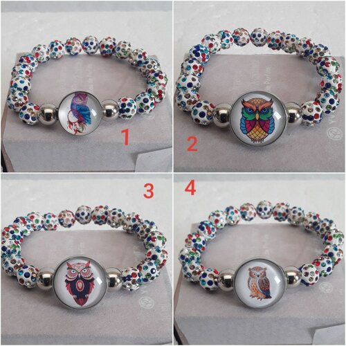 Bracelet perles colorées extensible ajustable , élastique  , bouton cabochon verre , hibou , chouette