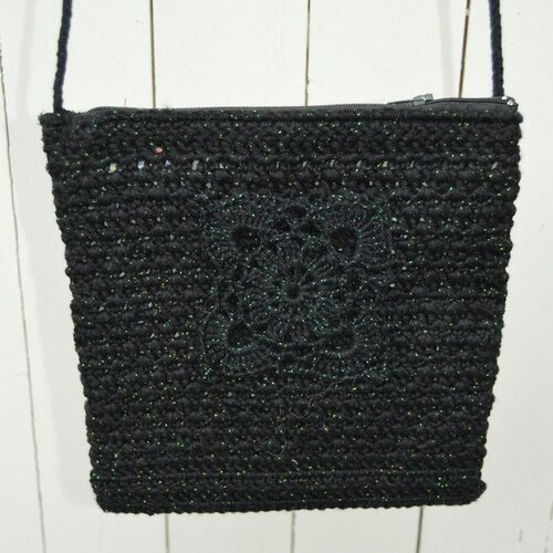 Sac crochet coton granny noir bohème grand mère boho , 20cm , coton noir brillant ,