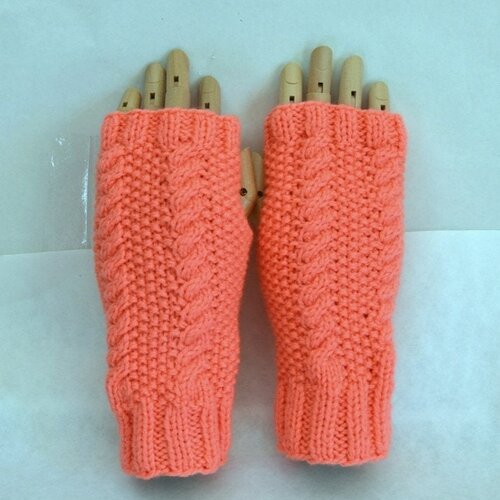 Mitaines laine orange , gants sans doigts , ouverture pouces , 20 cm , tricot