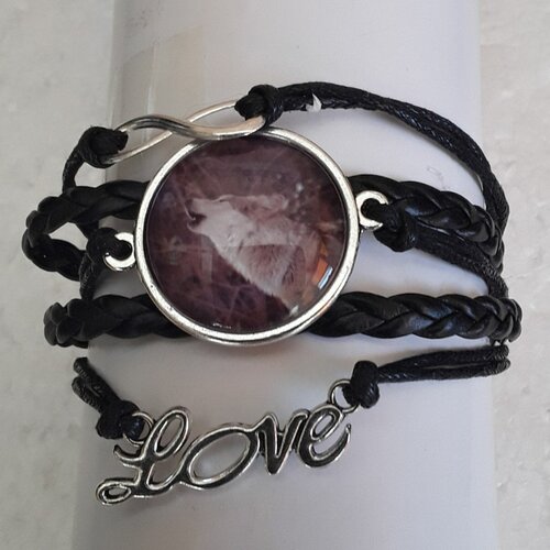 Bracelet, loup, cuir noir, breloque, love,cabochon verre 25mm, bracelet 15cm + 5 cm chaine ajustable