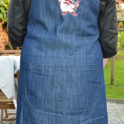 Tablier jean bleu, broder cuisinier , longueur 90cm,broderie 12cm haut, lanières ajustable