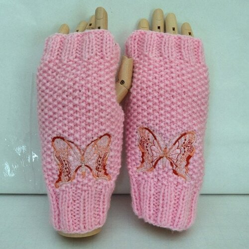 Mitaines gants sans doigts manchons chauffe pouls  laine rose papillons , 20 cm , papillons roses dégradés broder