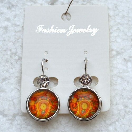 Boucles d'oreilles pendantes , faux strasses , mandala orange multicolore , boutons pressions verres