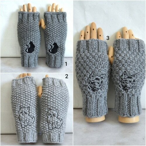Mitaines gants sans doigts laine grise chats noirs ,  19 a 21 cm , trico , broderie