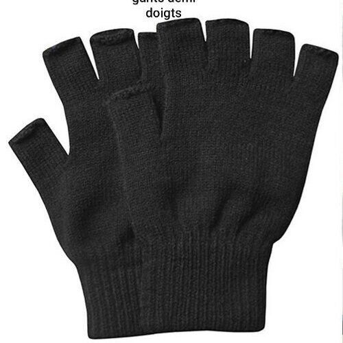 Mitaines laine noires , gants demi doigts , 15 cm