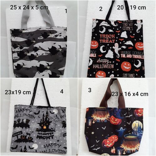Sac halloween ; sac a mains  coton, noir , gris, sorcières, fantômes, châteaux, +- 20 cm, anses coton, ou ruban, 1 sac  au choix