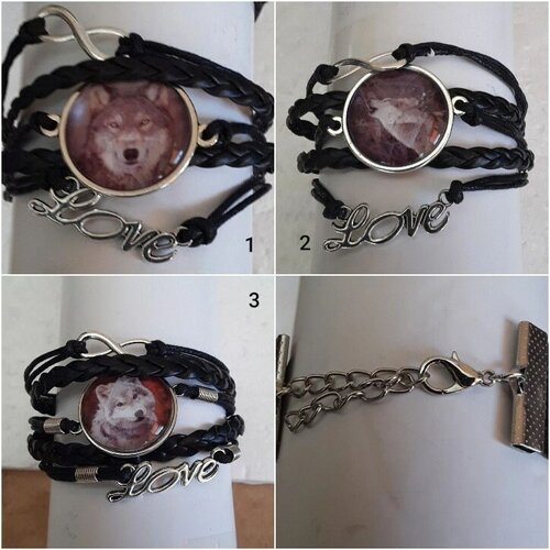 Bracelet cuir noir loup , breloque, love,cabochon verre 25mm, bracelet 15cm + 5 cm chaine ajustable