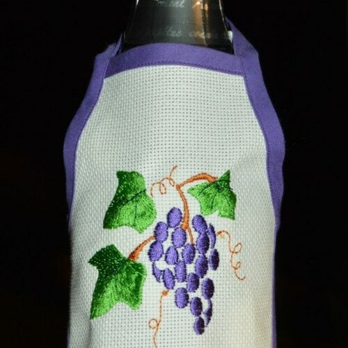 Tablier , robe, pour bouteille de vin,grappe de raisins, broder, aida, biais mauve, 18/15cm