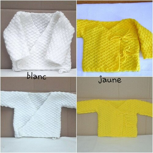 Brassière , cache coeur bébé  0  à  3 mois , blanche ou, jaune , tricot mains , boutonnée , lichettes
