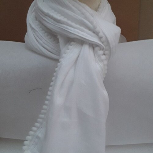 Foulard écharpe châle étole coton blanc ,  blanc , pompons ,  tube  , rectangulaire ,  snood , gaze , 1.60 m /35 cm ,