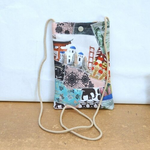 Pochette de rangement , housse gsm , portable , coton , matelassée , 20 cm haut / 13.50 cm large , bouton pression  , anse 120cm