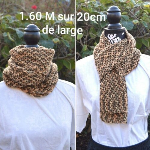 Écharpe étole laine brun beige , crochet , écharpe granny , écharpe femme , mixte , 1.60 m / 20 cm , multifonction