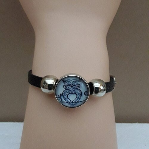 Bracelet , cuir , noir, hibou , tribal ,  bouton pression, verre, bracelet 15a a19 cm, ajustable