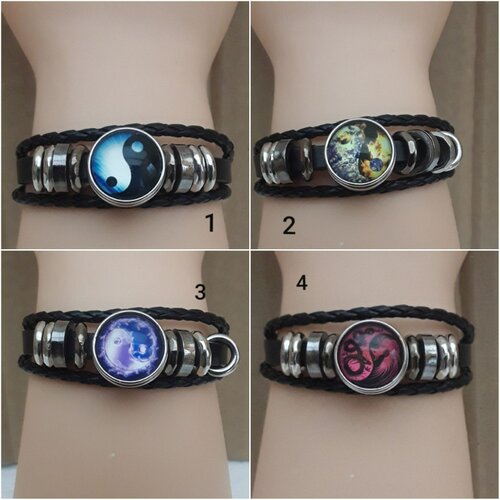 Bracelet , ajustable , ying yang , colorés ,   bouton pression , verre , bracelet , cuir , noir , boutons pressions, 18 a 20 cm