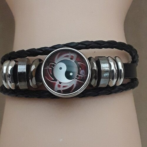 Bracelet , ajustable , ying yang ,  rouge , blanc , noir ,  bouton pression , verre , bracelet , cuir , noir , boutons pressions, 18 a 20 cm