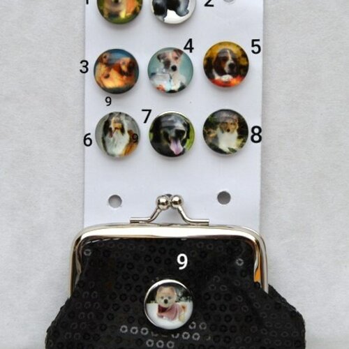 Porte monnaie , bourse , cuir synthétique ,noir , brillant , chiens de race , bouton pression , verre , 9/7.5/1 cm