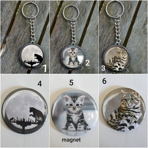 Porte clés bijoux de sac chat noir tigré , 35   mm  magnet frigo    ,  58 mm