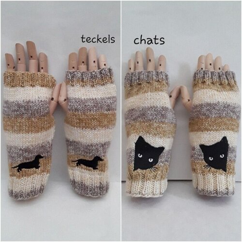 Mitaines gants sans doigts chiens teckels noirs , chats noirs , 21cm , tricot mains , broderie