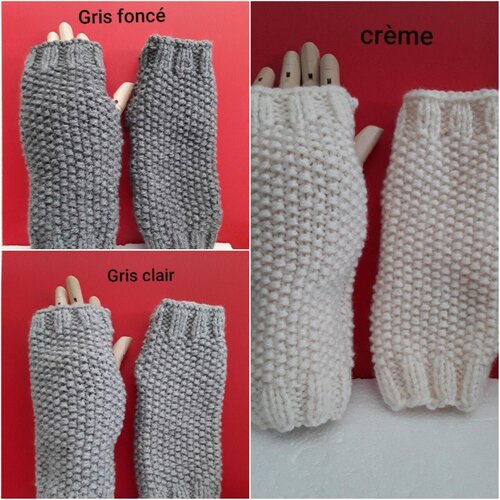 Mitaines , ouverture pouces , gants sans doigts,  21cm  , tricot, gris clair ou  , crème, ou ,  gris foncé , laine acrylique